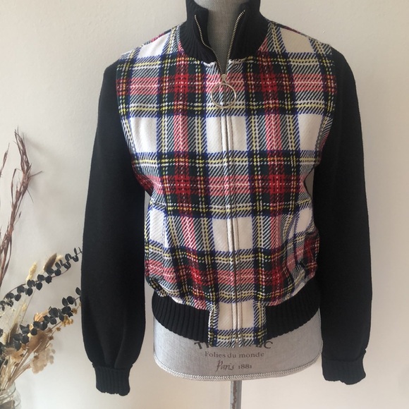 Moschino Jeans Plaid Knit Bomber Jacket - Picture 1 of 9